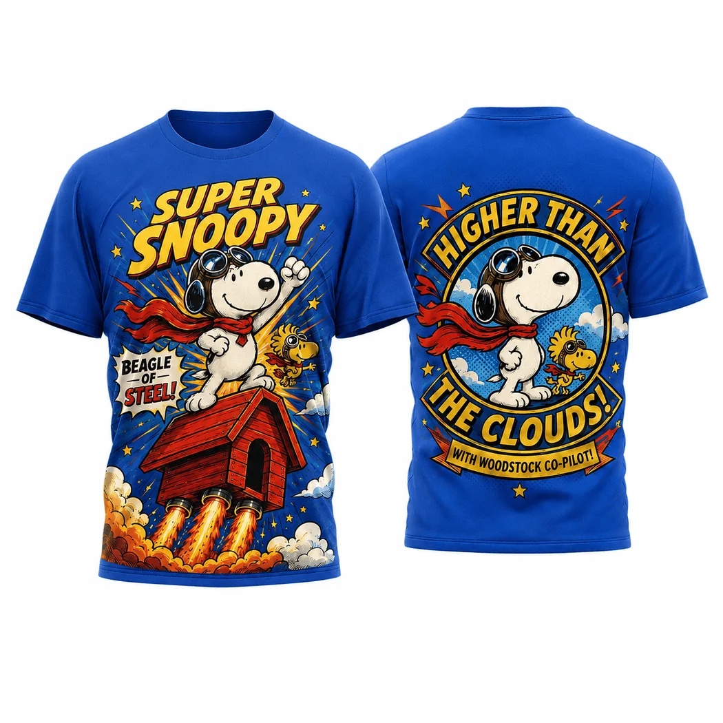 Peanuts Super Snoopy Beagle of Steel Retro Comic Art Blue All Over Print 3D T-Shirt Peanuts Super Snoopy Beagle of Steel Retro Comic Art Blue All Over Print 3D T-Shirt