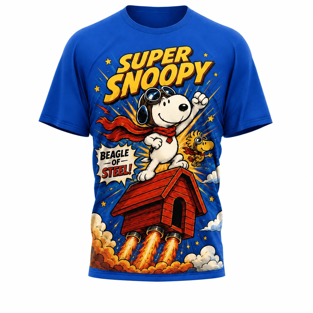 Peanuts Super Snoopy Beagle of Steel Retro Comic Art Blue All Over Print 3D T-Shirt Peanuts Super Snoopy Beagle of Steel Retro Comic Art Blue All Over Print 3D T-Shirt