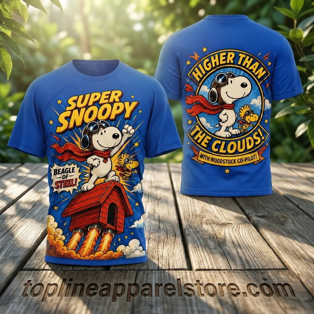 Peanuts Super Snoopy Beagle of Steel Retro Comic Art Blue All Over Print 3D T-Shirt Peanuts Super Snoopy Beagle of Steel Retro Comic Art Blue All Over Print 3D T-Shirt