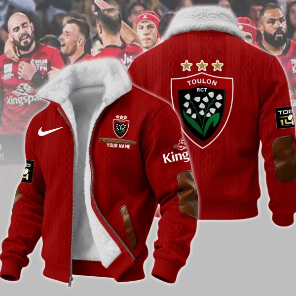 RC Toulon Rugby Personalized Red Cable Knit Print Sherpa Lined Winter Fleece Jacket