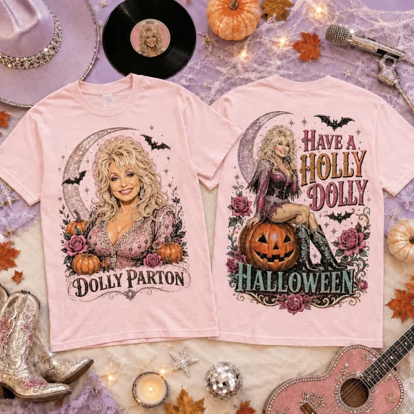 Retro Dolly Parton Have A Holly Dolly Halloween Pink Pumpkin Country Music Graphic T-Shirt