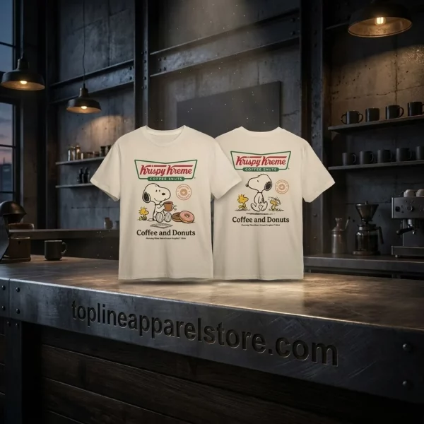 Snoopy Peanuts x Krispy Kreme Coffee and Donuts Morning Vibes Retro Cream Graphic T-Shirt