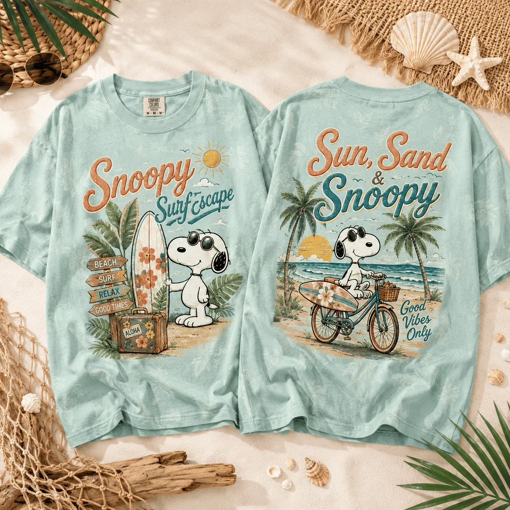 Snoopy Surf Escape Retro Sun Sand and Beach Vibes Graphic T-Shirt Snoopy Surf Escape Retro Sun Sand and Beach Vibes Graphic T-Shirt