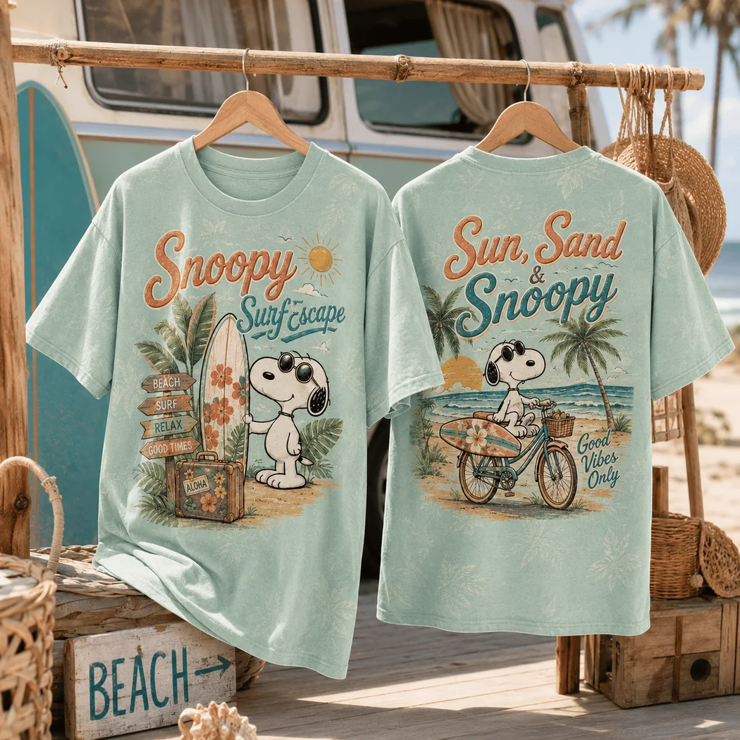 Snoopy Surf Escape Retro Sun Sand and Beach Vibes Graphic T-Shirt Snoopy Surf Escape Retro Sun Sand and Beach Vibes Graphic T-Shirt