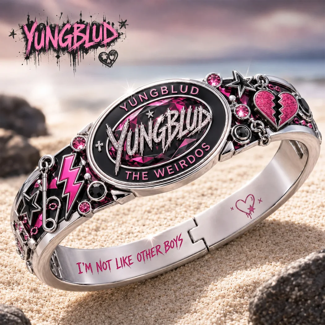 Yungblud The Weirdos Pink Crystal Engraved Punk Rock Silver Bangle Bracelet Yungblud The Weirdos Pink Crystal Engraved Punk Rock Silver Bangle Bracelet