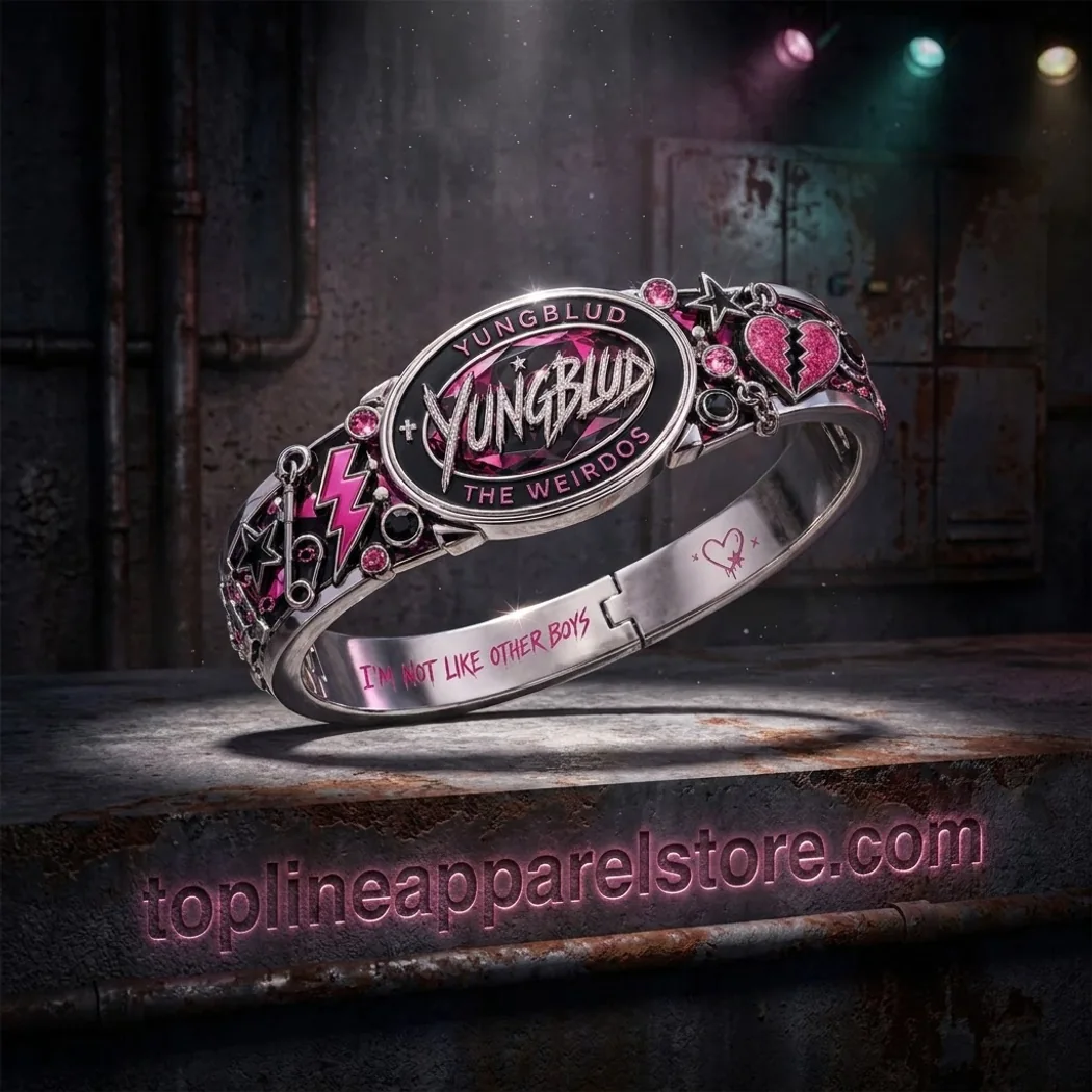 Yungblud The Weirdos Pink Crystal Engraved Punk Rock Silver Bangle Bracelet Yungblud The Weirdos Pink Crystal Engraved Punk Rock Silver Bangle Bracelet
