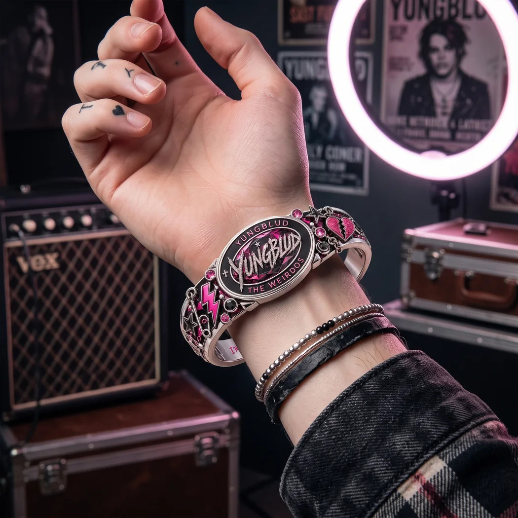 Yungblud The Weirdos Pink Crystal Engraved Punk Rock Silver Bangle Bracelet Yungblud The Weirdos Pink Crystal Engraved Punk Rock Silver Bangle Bracelet