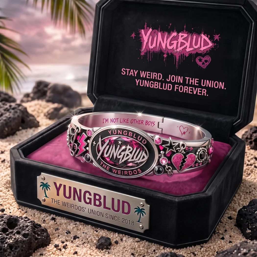 Yungblud The Weirdos Pink Crystal Engraved Punk Rock Silver Bangle Bracelet Yungblud The Weirdos Pink Crystal Engraved Punk Rock Silver Bangle Bracelet
