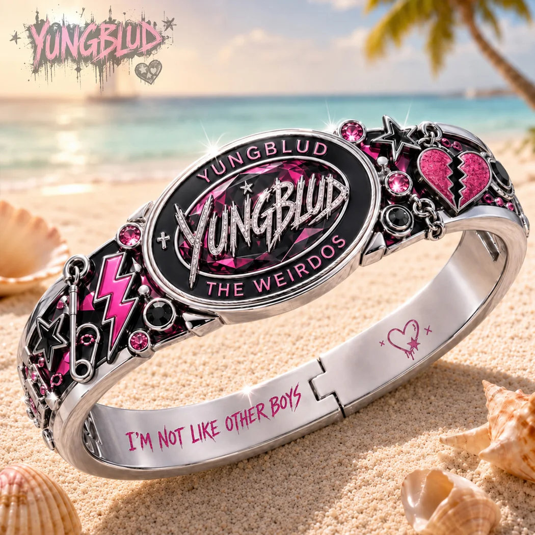 Yungblud The Weirdos Pink Crystal Engraved Punk Rock Silver Bangle Bracelet Yungblud The Weirdos Pink Crystal Engraved Punk Rock Silver Bangle Bracelet